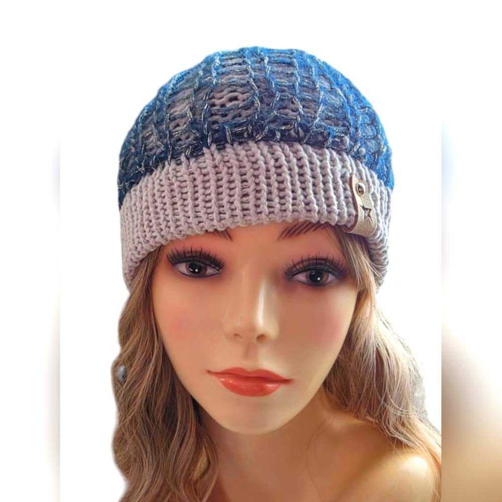 Handmade knitted beanie toque knit mesh overlay vegan leather tag slight slouch